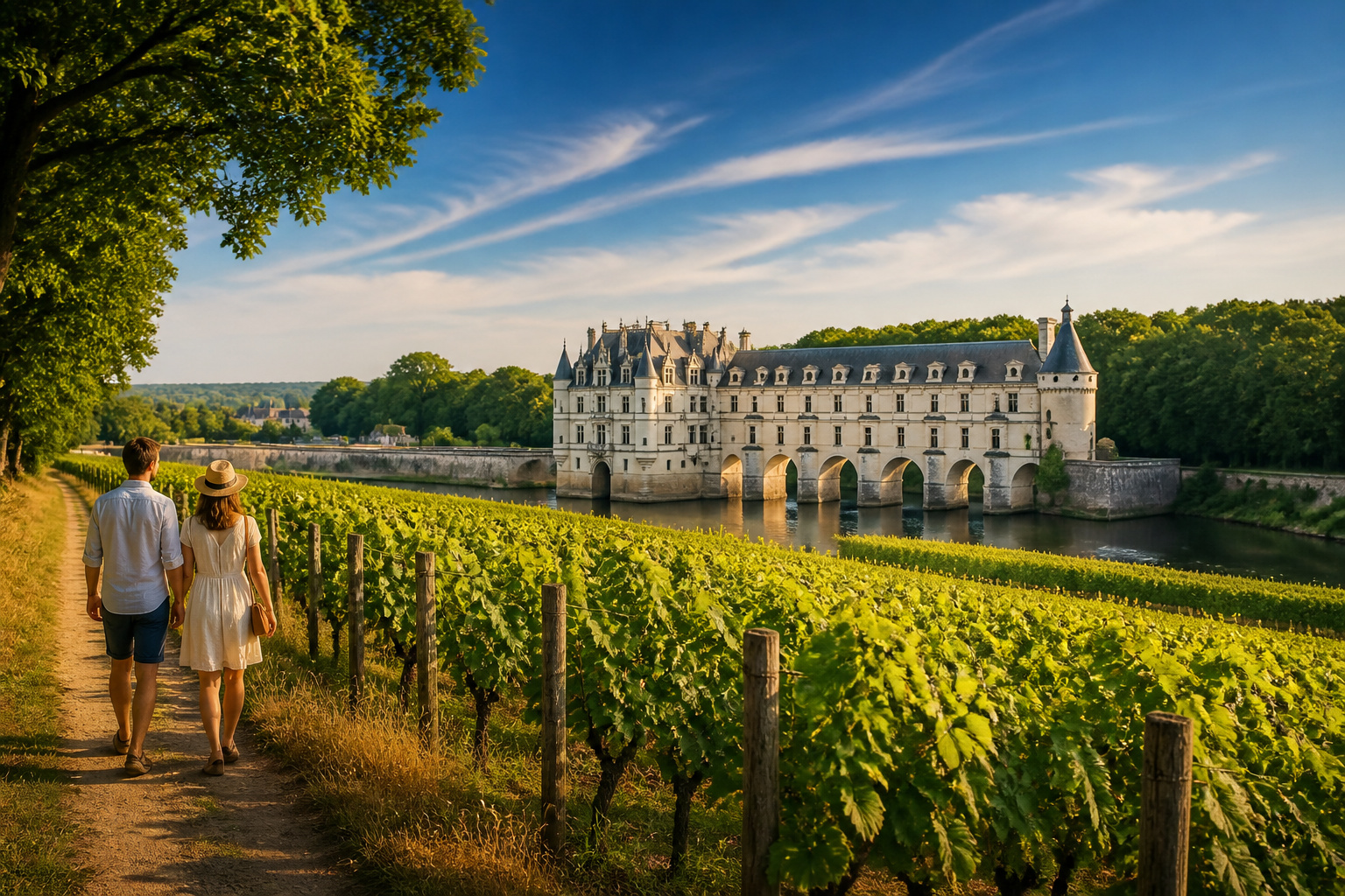 Chateau de chenonceau et vignobles au coucher du soleil