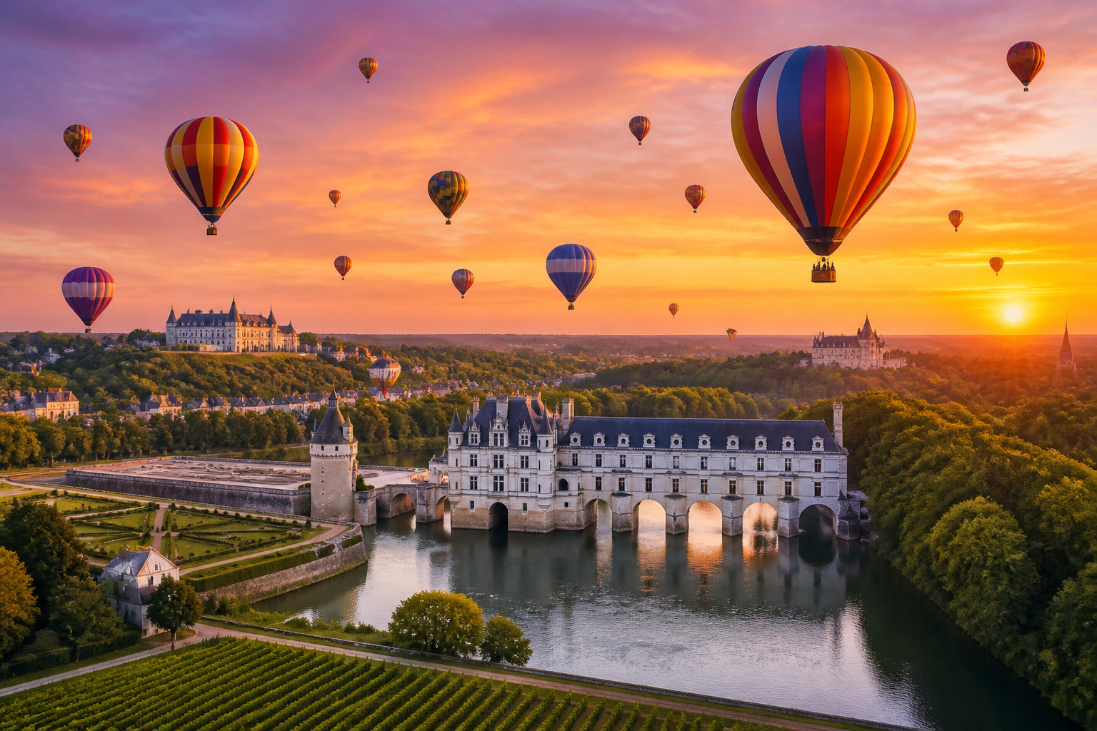 Montgolfieres survolant chenonceau au lever du soleil