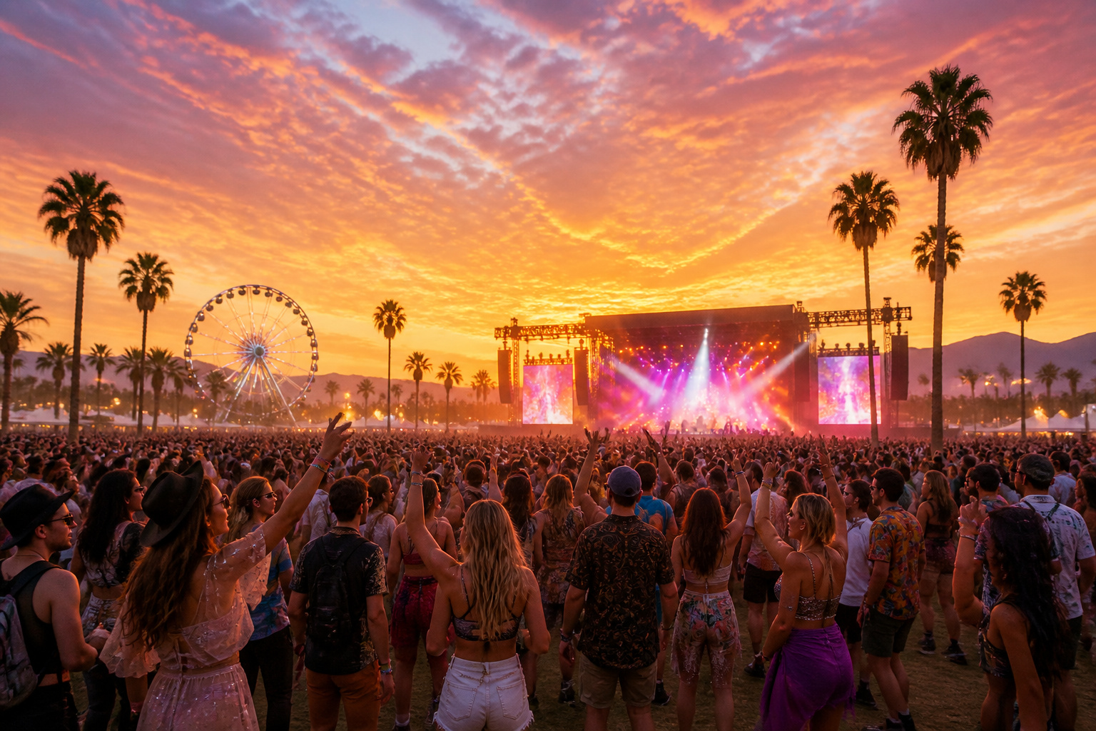 Festival de musique sous le ciel du coucher du soleil
