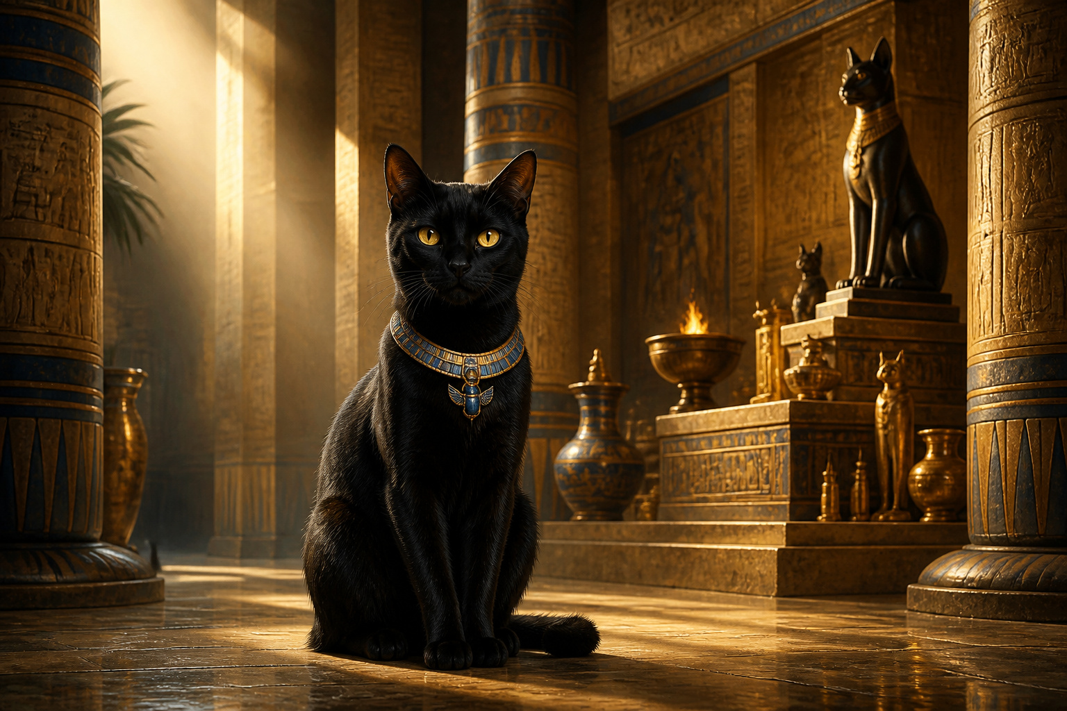 Chat noir royal dans un temple egyptien
