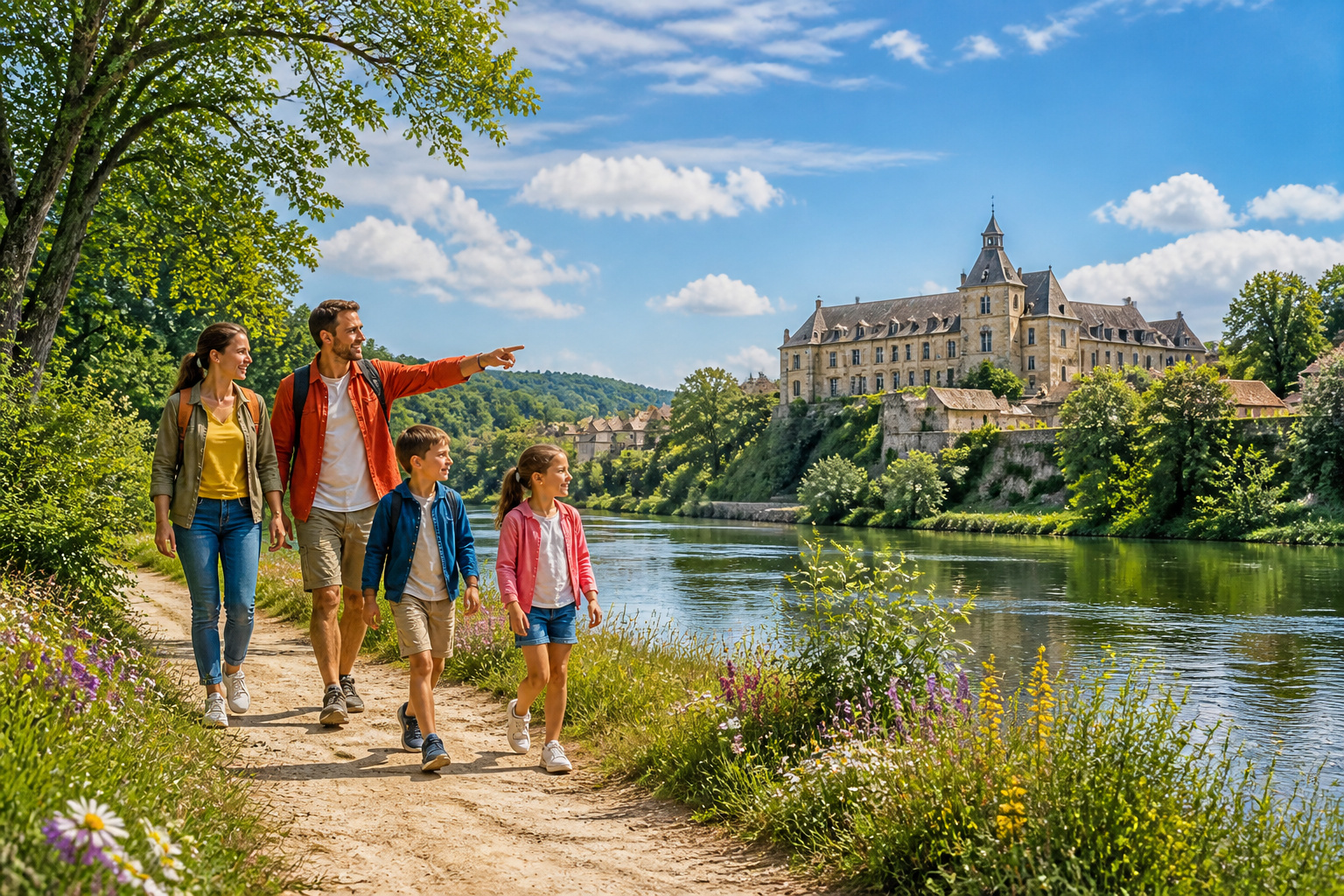 Famille en balade au bord de la vienne