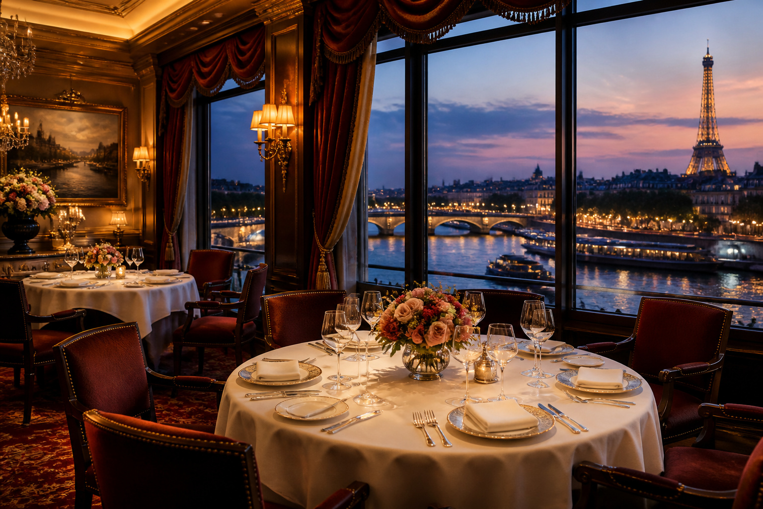 Table luxueuse avec vue sur paris au crepuscule