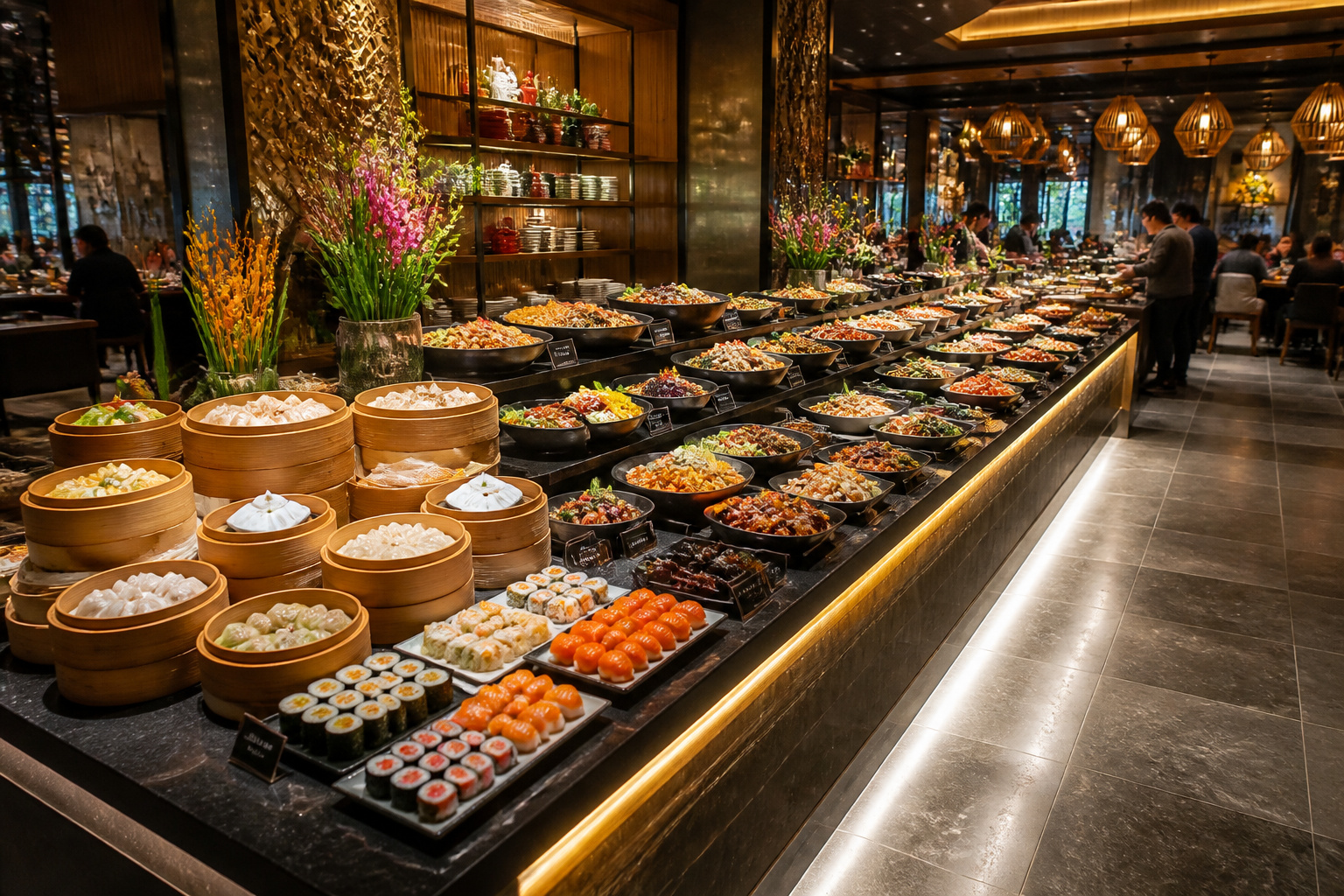 Buffet asiatique vibrant et abondant